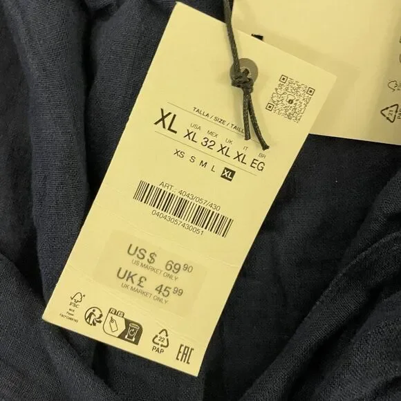 Zara Womens Oversized Linen Shirt Top XL Ink Blue Button Up 4043/057 NWT